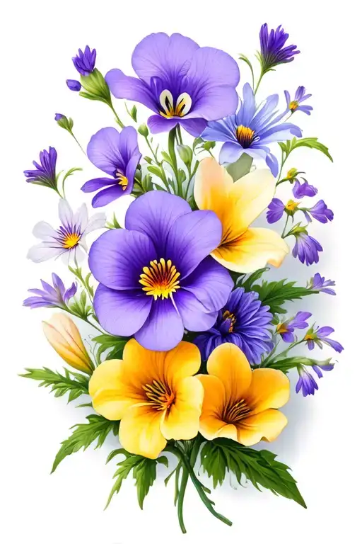 violets, primroses, asters calli lilies flowers intertwined tattoo design idea