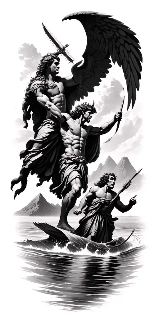 saint Michael killing a demon and saint Christopher travelling through water with mountains in the background and shadow tattoo design idea
