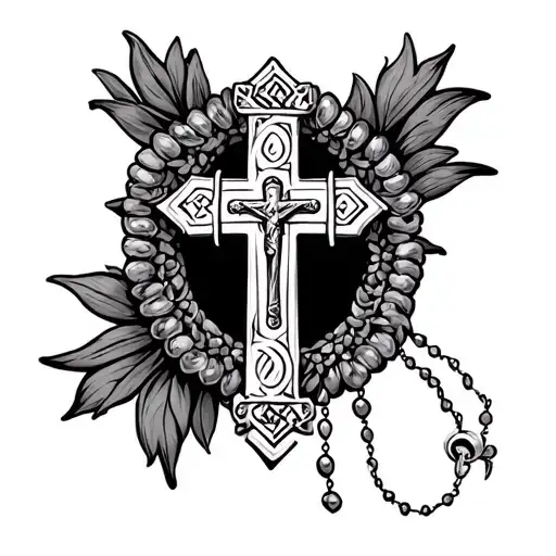 a greek orthodox cross tattoo with a rosary around it and the name Rocco in cursive tattoo tattoo design idea