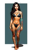 Sexy girl, petite, small boobs, wide hips, bikini . long hair,sexual. Seductive. Full Body, standing with legs and feet tattoo design idea
