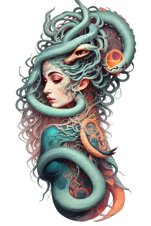 medusa goddess with oni mask, snakes hair tattoo design idea
