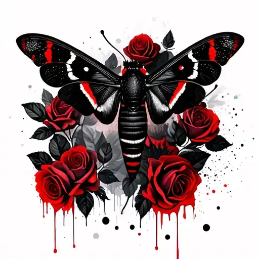 Moth, black roses and leaves in the background tattoo design idea