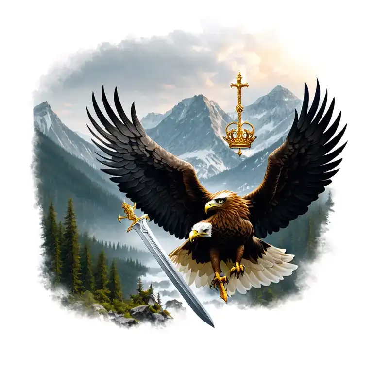 golden eagle with spread wings, sword and crown, forest and mountain landscape tattoo design idea