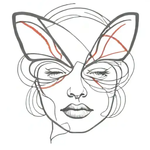 2D, black & white face covered by butterfly wings, red smoky accents around face, minimalist line art, dreamlike tattoo design idea