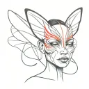 2D, black & white face covered by butterfly wings, red smoky accents around face, minimalist line art, dreamlike tattoo design idea