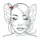 2D, black & white face covered by butterfly wings, red smoky accents around face, minimalist line art, dreamlike tattoo design idea