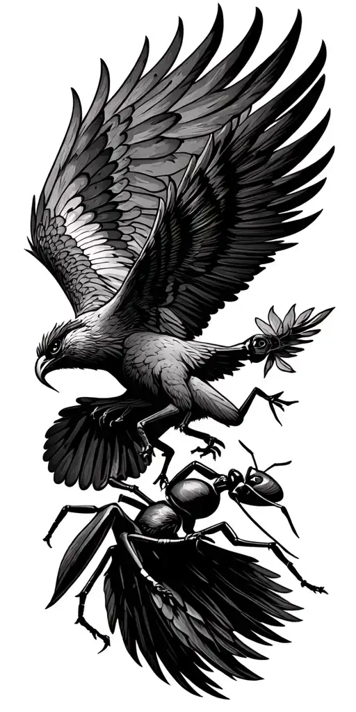 a phoenix flying under a philant star brings a leaf of lorium in its beak to an ant alone pushed aside tattoo design idea