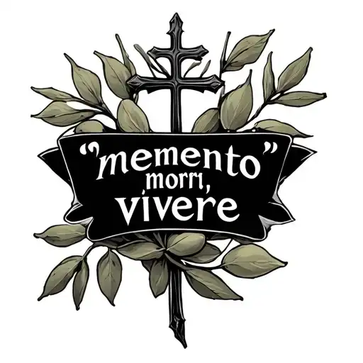 "memento mori, vivere" olive branch and nail cross tattoo design idea