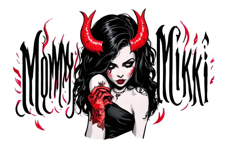 "Mommy Nikki" devil horns holding an female tattoo design idea