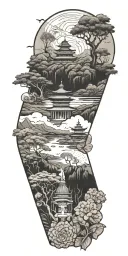 budism symbols that are uncommon. focus on nature, scenery and being grounded while on a spiritual journey tattoo design idea