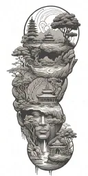 budism symbols that are uncommon. focus on nature, scenery and being grounded while on a spiritual journey tattoo design idea