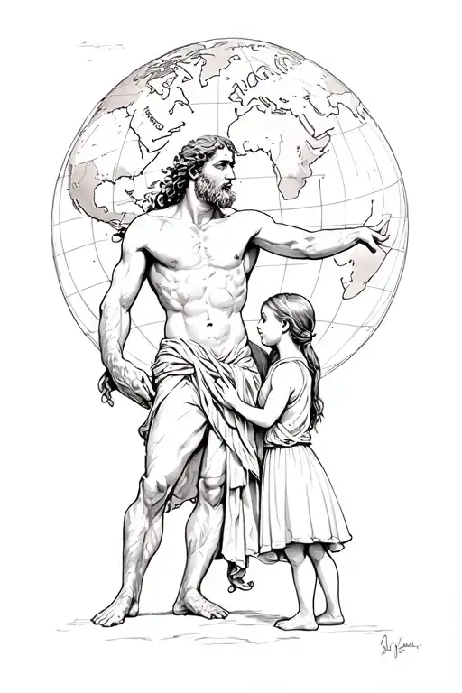Tattoo of an old Atlas carrying the world on his shoulders.  A 3-year-old girl puts her hand on him to reassure him.   tattoo design idea