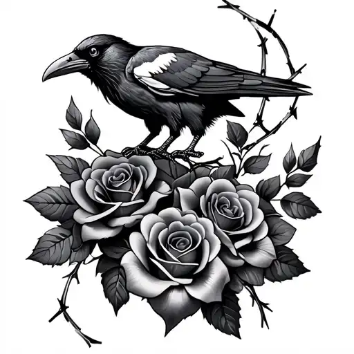 Black and Gray tattoo with two ravens, blooming roses, and barbed wire. Focus on detail and shading. tattoo design idea
