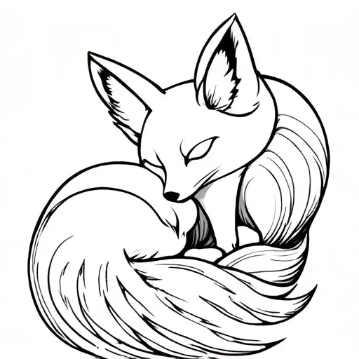 A sleeping fox curled like a quiet storm, its tail a wave of peace – drawn in flowing black ink lines, soft and sacred" tattoo design idea