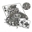 A blackjack table with the client's favorite winning hand displayed, along with a stack of chips and a lucky horseshoe f tattoo design idea