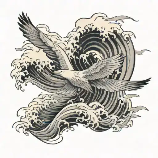japanese waves with crane gracefully flying tattoo design idea