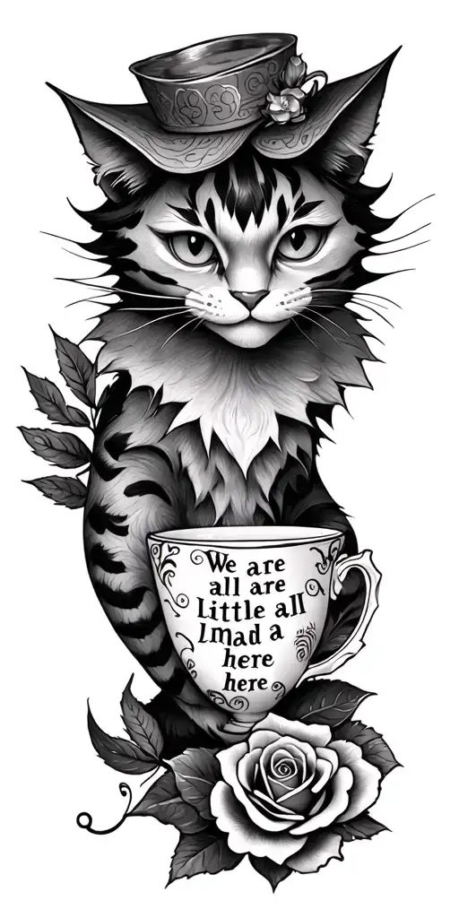 "We are all a little mad here" "We are all a little mad here"  disney style cheshire cat with tail intertwined with tea cup and rose tattoo design idea