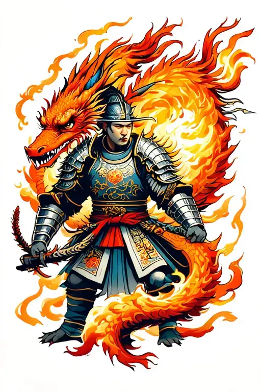 Japanese warrior in armor and two dragon Breathing Fire tattoo design idea