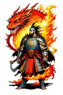 Japanese warrior in armor and two dragon Breathing Fire tattoo design idea