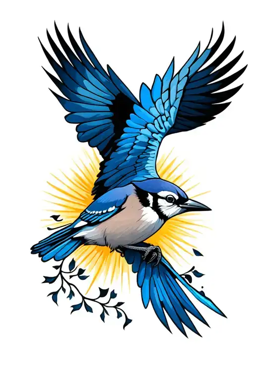 blue jay bird flying towards the sun tattoo design idea