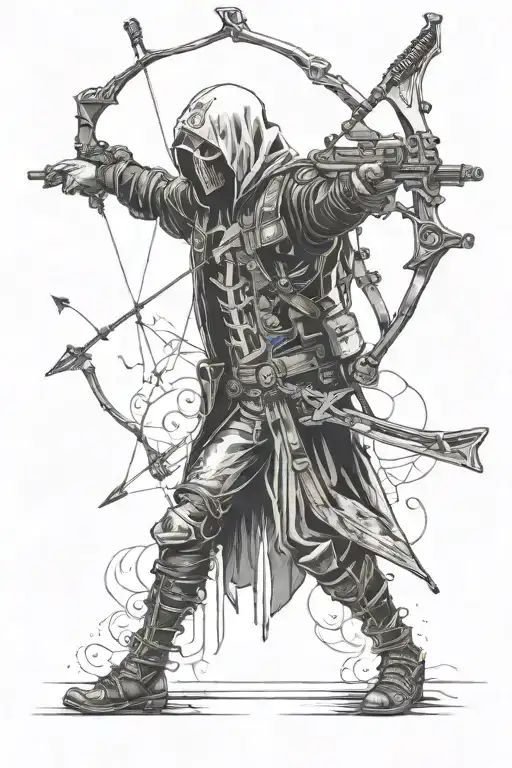 Male Skelteon wearing leather Jacket and has a crossbow and arrows tattoo design idea