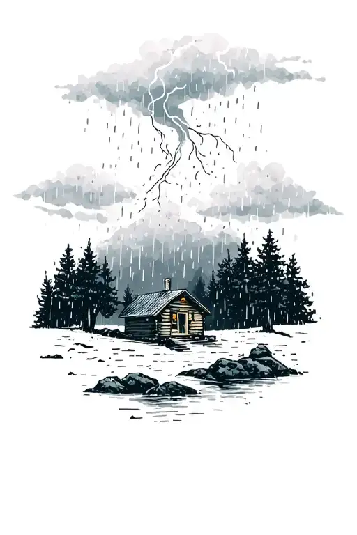 hygge painting of ladscape with thunderstorm and heavy rain with trees and woodcabin tattoo design idea