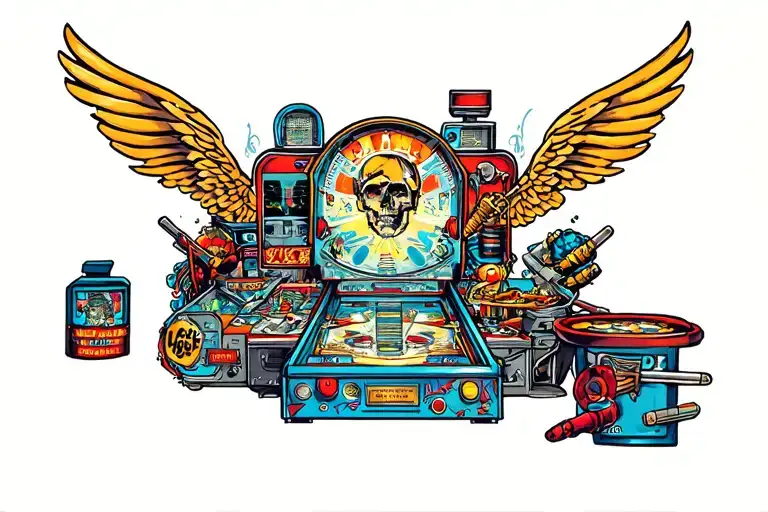 pinball collage tattoo featuring various tattoo design idea