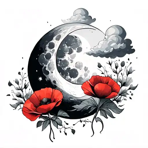 moon with cloud and a poppy flowers covering tattoo design idea