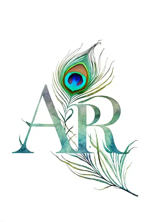 infuse the letters A & R into a colorful peacock feather intertwined tattoo design idea