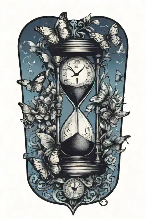 hourglass, clock, butterflies tattoo design idea