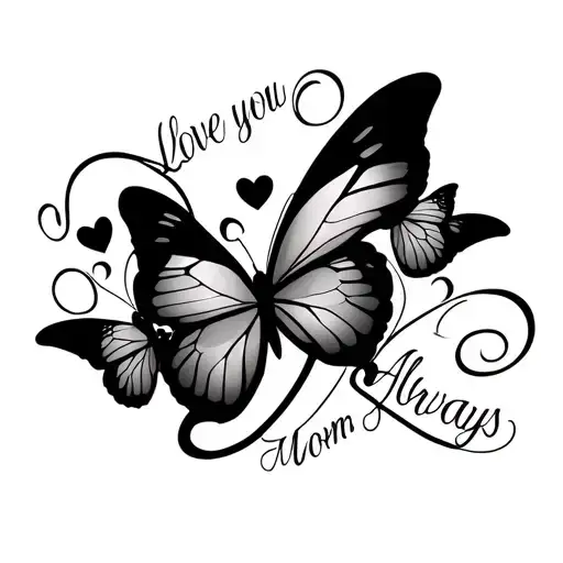 infinity symbol with 3 butterflies  and 5 hearts "Love you Always Mom" tattoo design idea