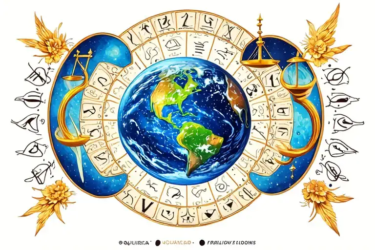 Planet Earth with zodiac sign Aquarius and Libra combined and framed with the style of a mandala tattoo design idea
