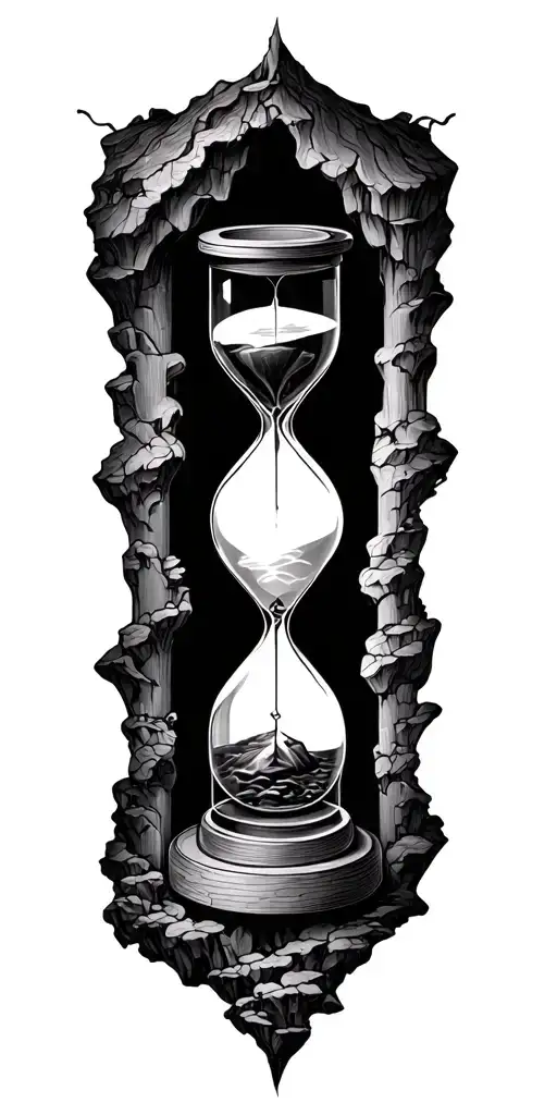 allegory of the cave and hourglass piece with negative space shoulder sleeve tattoo design idea