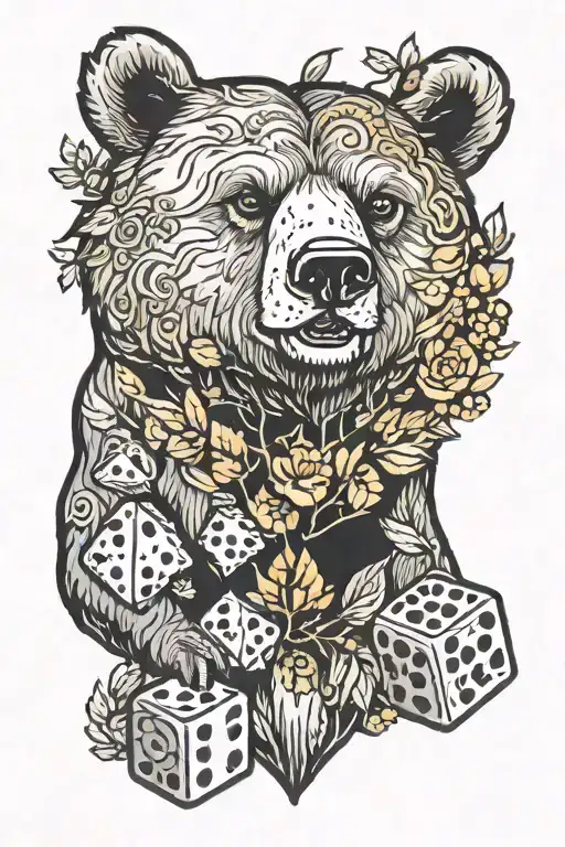 bear, forest, gold , dice symbolizing the gamble tattoo design idea