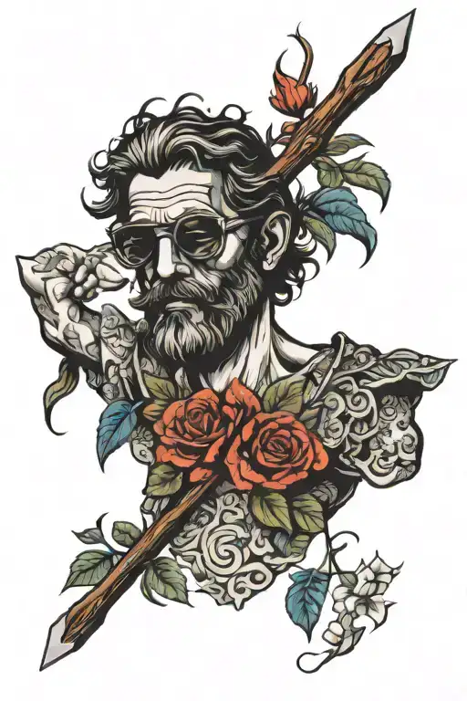 odysseus with bow and floral shirt and sunglassess full body tattoo design idea