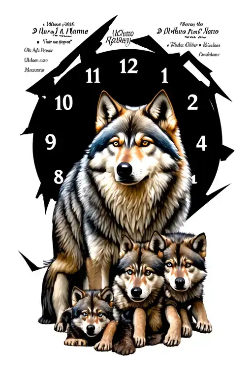  a realist wolf with a broken Clock on top with The space for 4 names.  underneath main wolfa wolf family 2 adult 3 cubs tattoo design idea