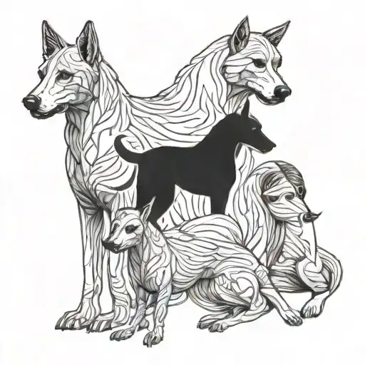 outline of a mom, dad and 2 girls including a kelpie dog tattoo design idea