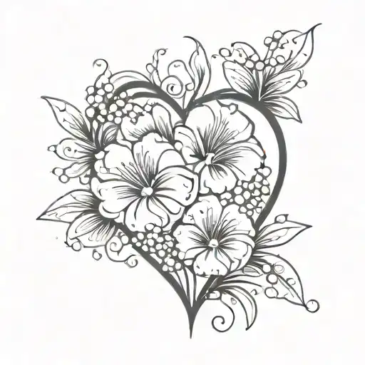 heart with mom written in line on left side, with carnations and snowdrops filling the right side  tattoo design idea
