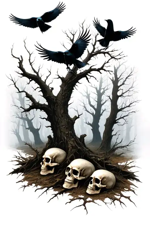 Dark, gloomy forest. Crows fly, some sit on tree branches. Trees without leaves. Skulls lie on the ground. tattoo design idea
