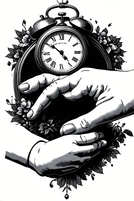 hand and a baby hand reaching with a clock 12:18pm in the back ground tattoo design idea