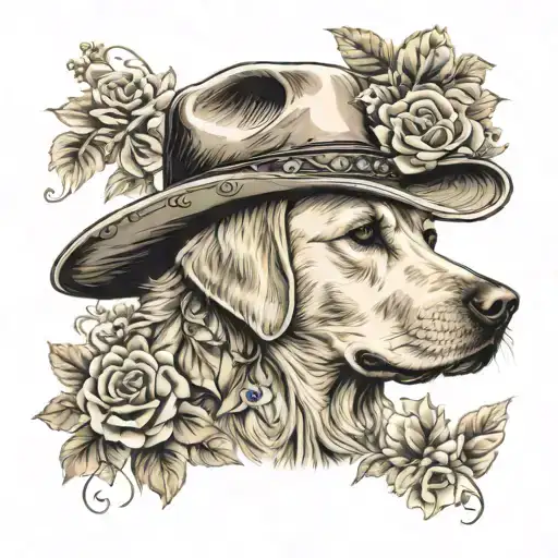 golden female Labrador with a cowgirl hat on with flowers and western background tattoo design idea