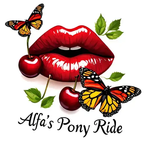 Sexy red lips symbol with cherries.  Sexy font that reads "Alfa's Pony Ride".  Design has 2 small monarch butterflies tattoo design idea