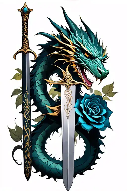 dragon,roses, swords tribal tattoo design idea