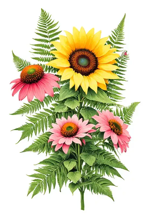 generate a half sleeve tattoo of micro-realism ontario native plants/flowers, including sunflower, pink coneflower, fern tattoo design idea