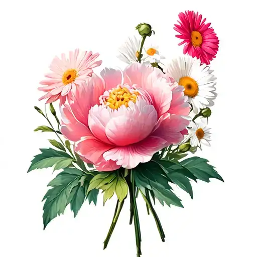 flower boquet with 1 peony; 2 aster; and 1 daisy tattoo design idea