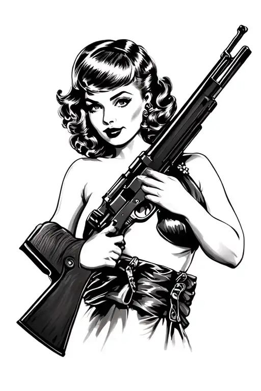 pinup girl holding sharps rifle tattoo design idea