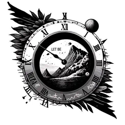 moon or a planet inside a time dial, words let it be, beach, mountain, relaxing human. minimal tattoo, detailed tattoo design idea