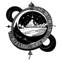 moon or a planet inside a time dial, words let it be, beach, mountain, relaxing human. minimal tattoo, detailed tattoo design idea