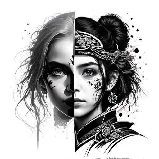 equally split girl face from front with samurai paint tattoo design idea