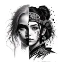 equally split girl face from front with samurai paint tattoo design idea